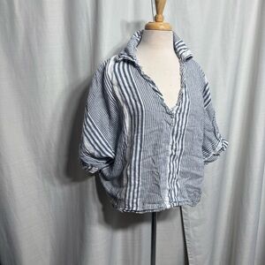 Blue White Striped Linen V-Neck Dolman Sleeve Blouse Coastal Boho Top XL